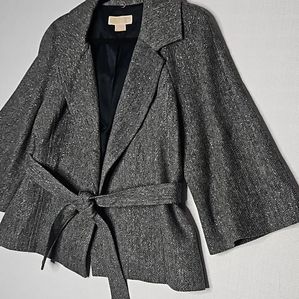 MICHAEL Michael Kors Metallic Tweed Blazer w/ Tie Waist & Faux Fur Women's Large - Picture 3 of 15